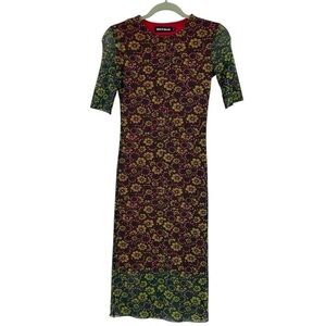 House of Holland Mesh Overlay Floral Graphic Print Midi Dress Size 2